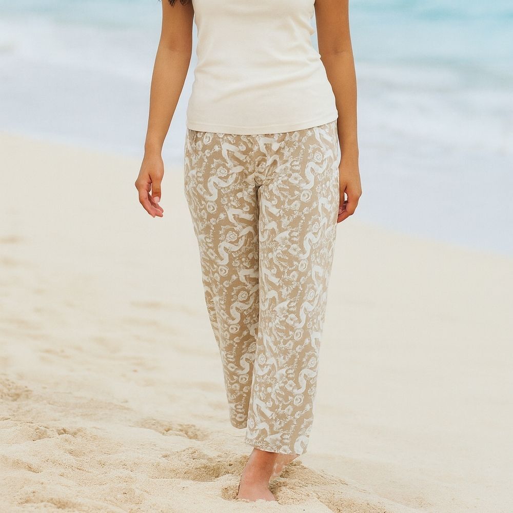 Sheer Pants 16 Floral Taupe White Drawstring Wide Leg See Through Beachy Coastal